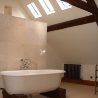Marble tile luxurious bathroom plastered ceiling stained timberwork